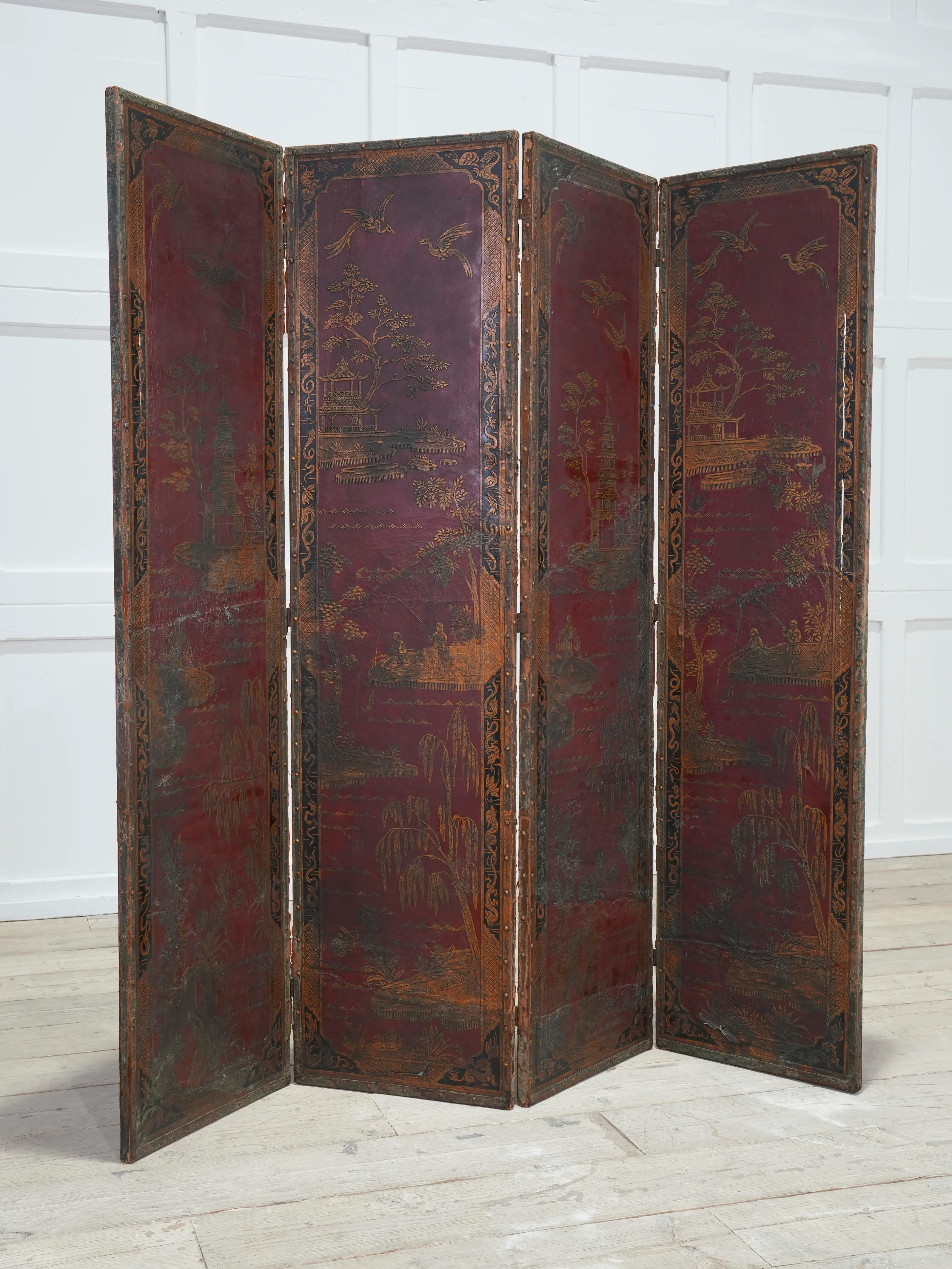 A 19th Century Leather Chinoiserie Room Screen - Image 13