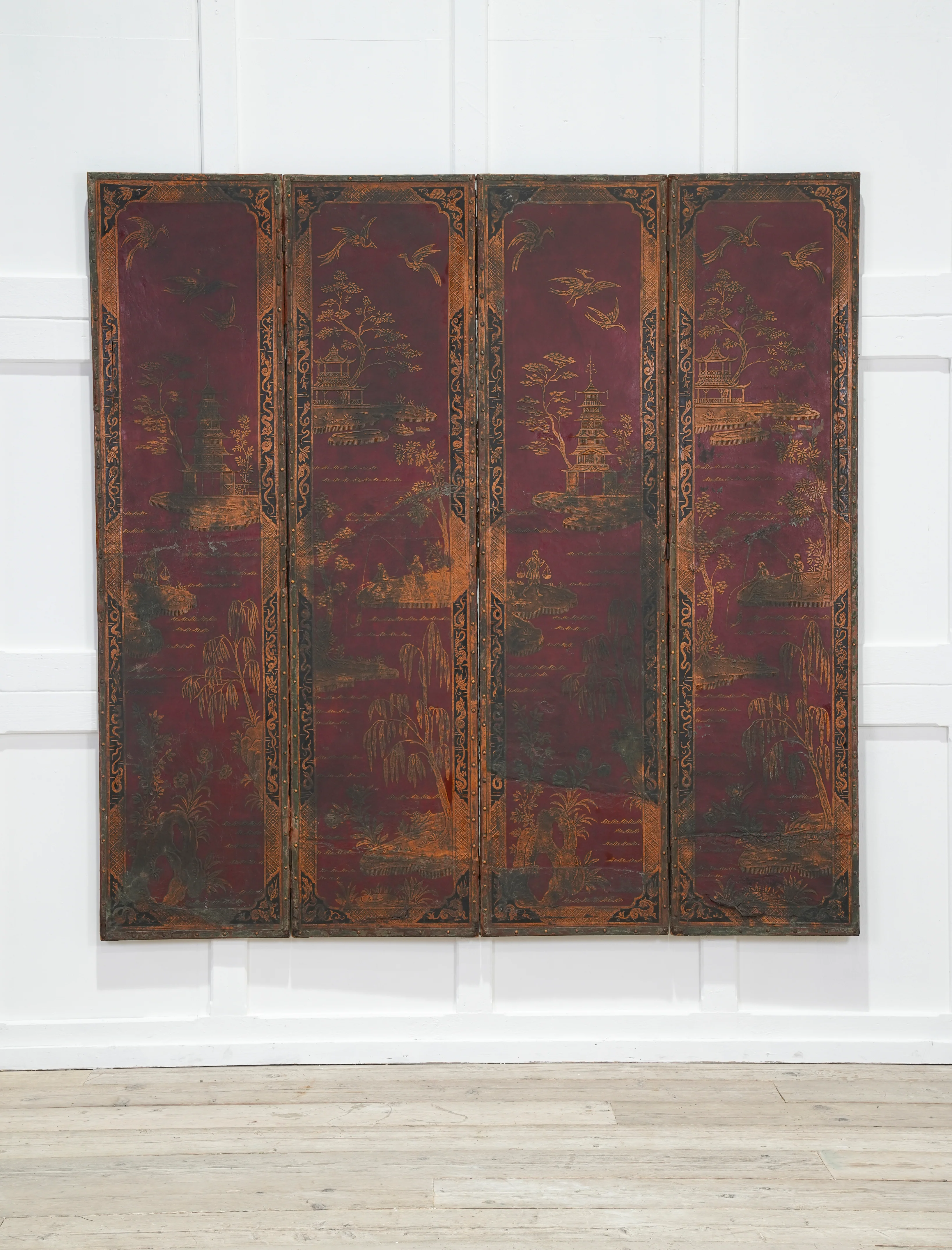 A 19th Century Leather Chinoiserie Room Screen - Image 17