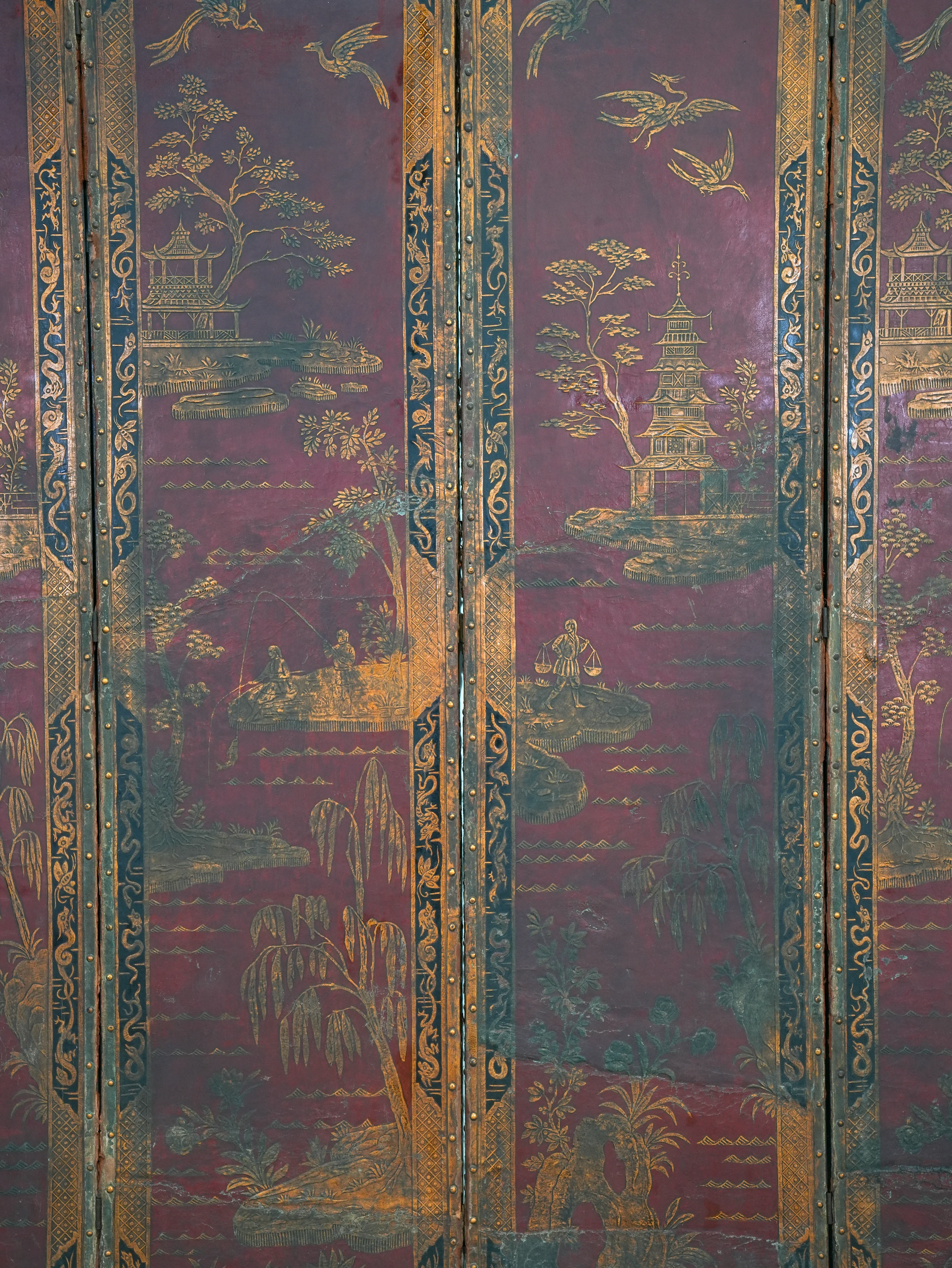A 19th Century Leather Chinoiserie Room Screen - Image 18