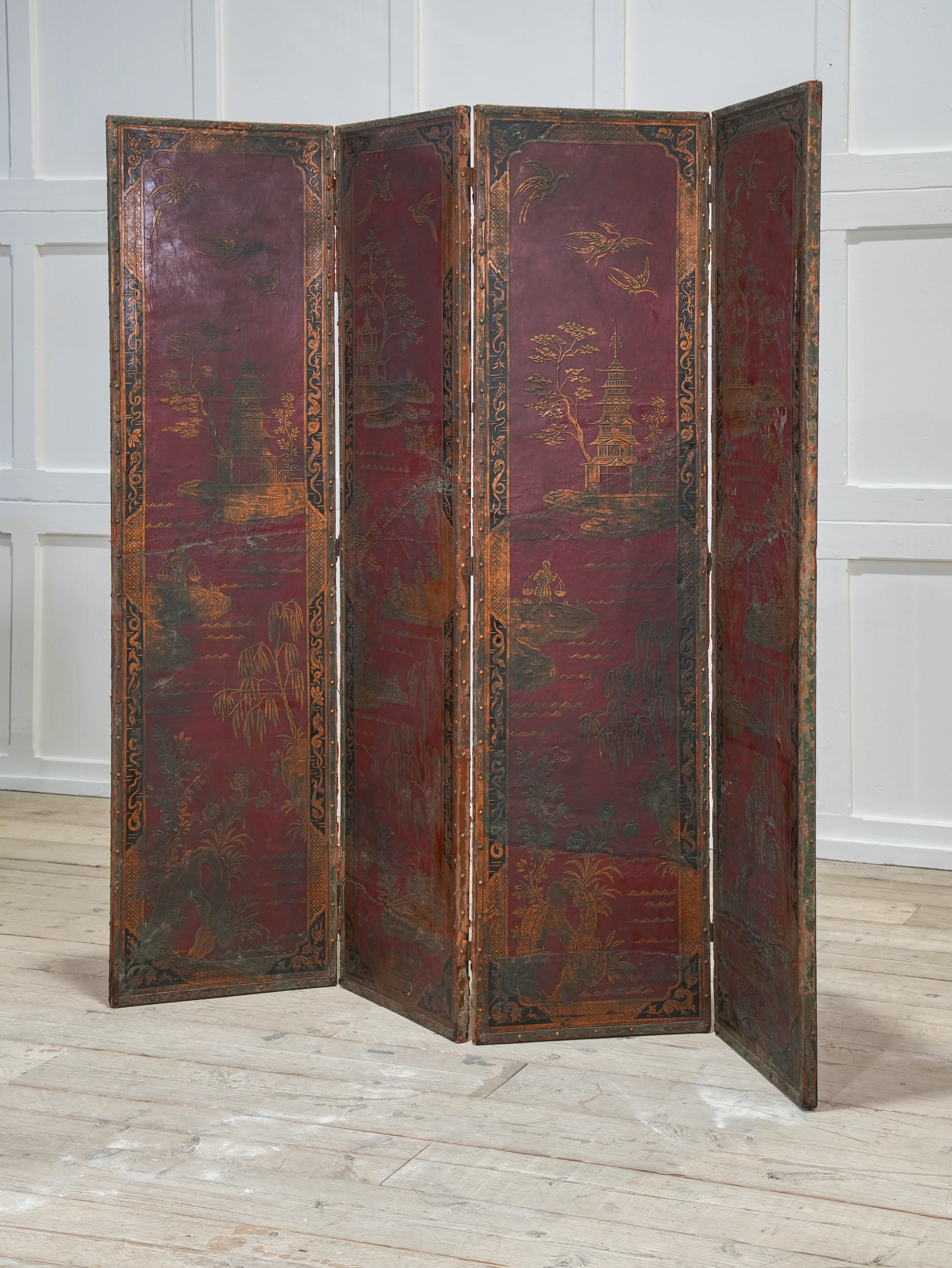 A 19th Century Leather Chinoiserie Room Screen - Image 2