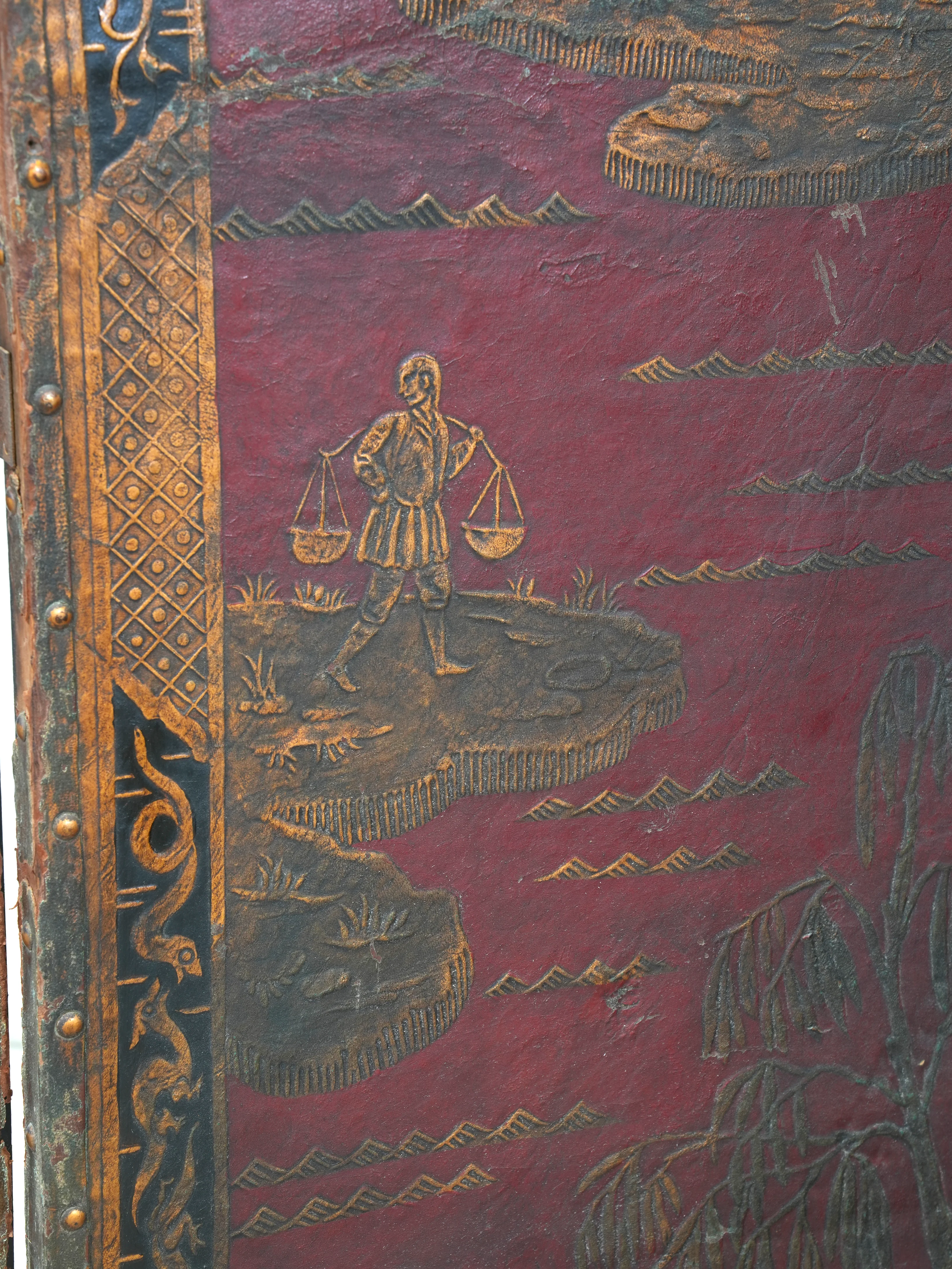 A 19th Century Leather Chinoiserie Room Screen - Image 6
