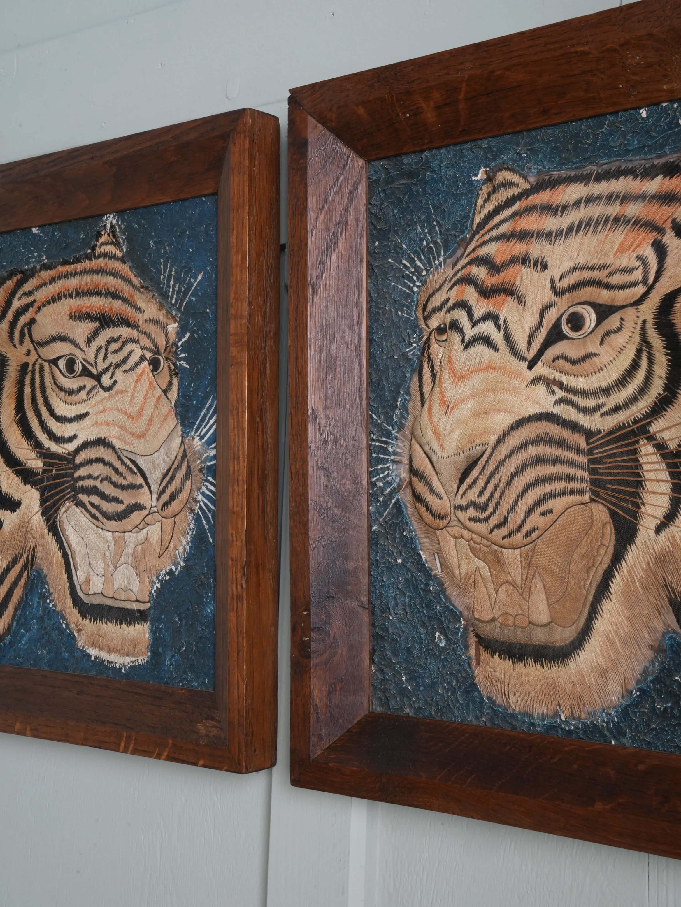 A Pair of Framed Silk Embroideries of Tigers Heads - Image 3