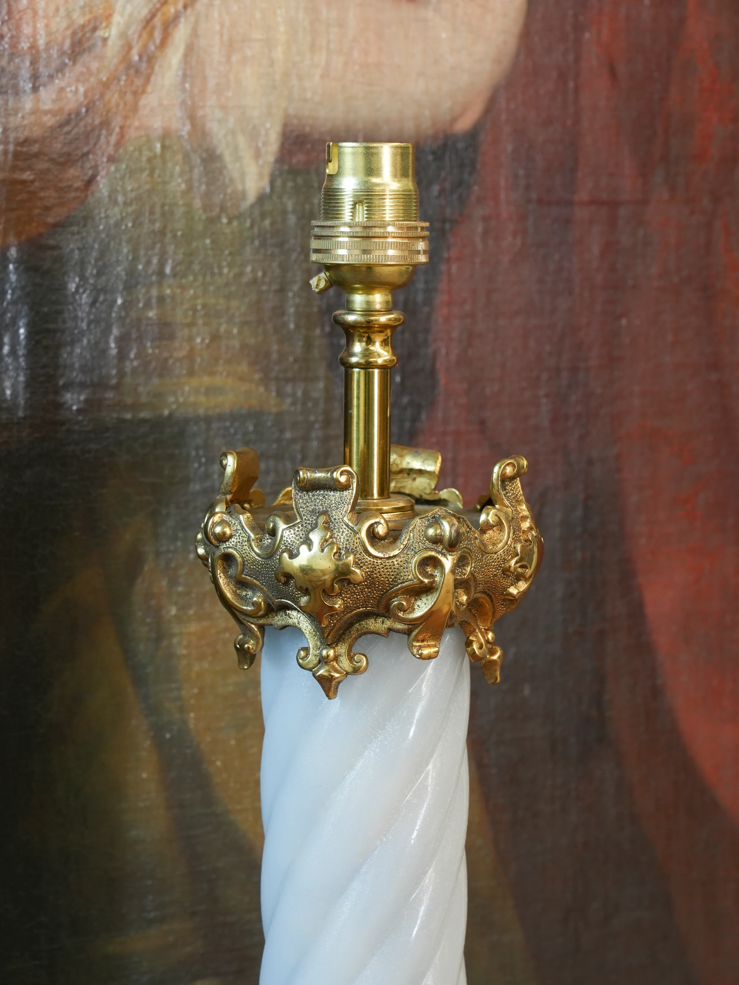A Large Polished Brass & Opaline Glass Table Lamp - Image 6