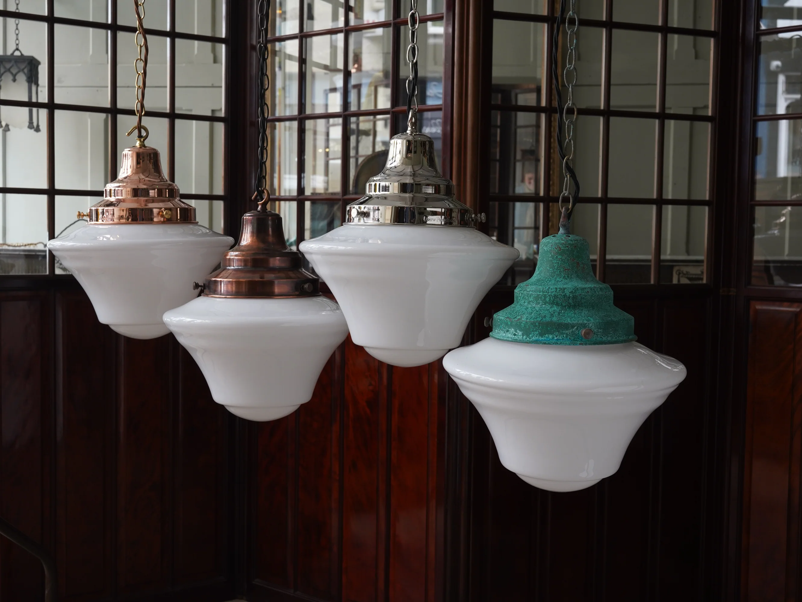 The Draughtsman Opaline Glass Pendant in Patinated Copper