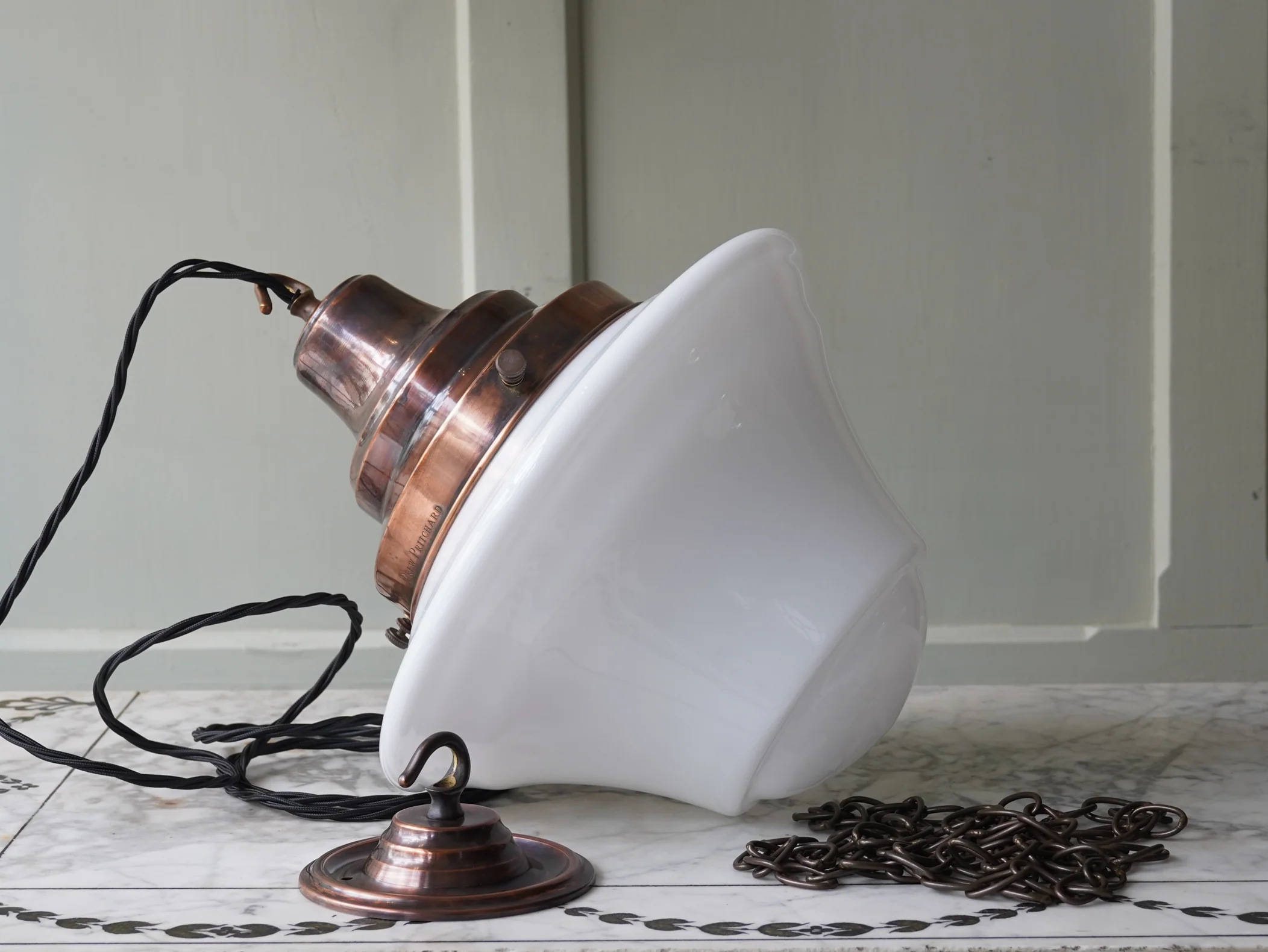 The Draughtsman Opaline Glass Pendant in Patinated Copper - Image 10