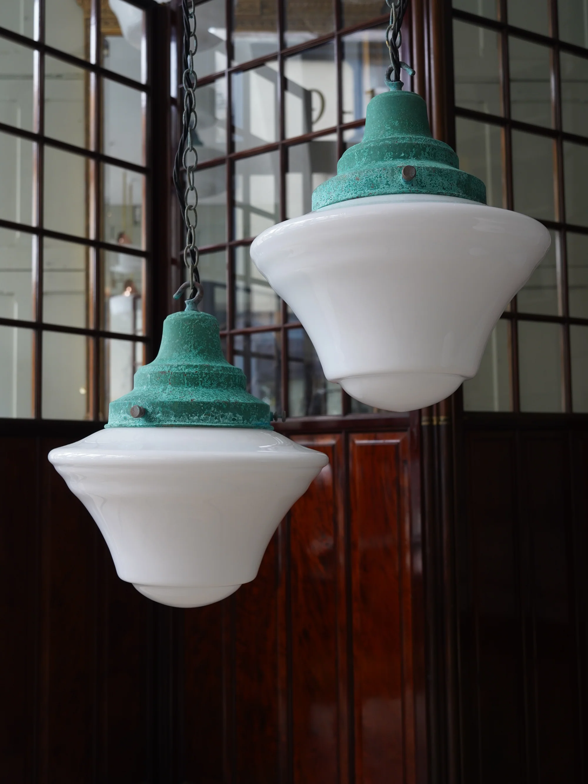 The Draughtsman Opaline Glass Pendant Light in Verdigris - Image 3